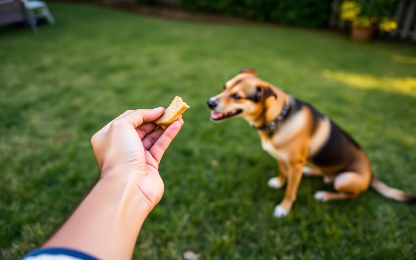 Hand holding a small training treat while a dog sits attentively on a lawn