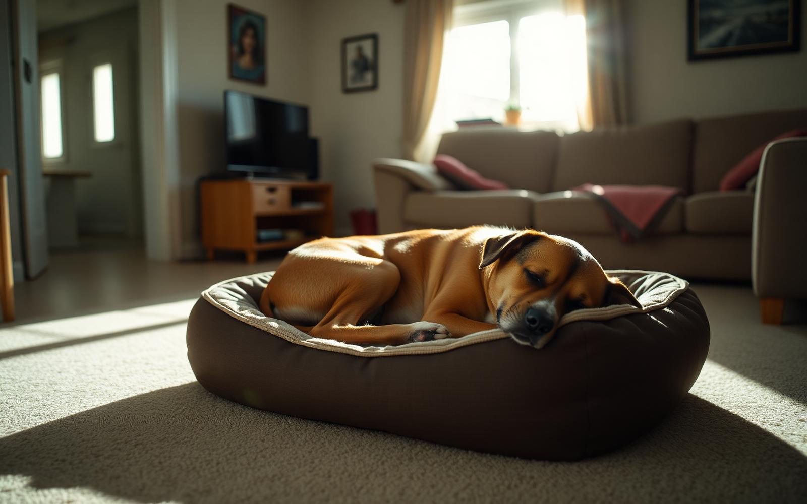 Adult dog asleep on a dog bed in a sunlit quiet living room