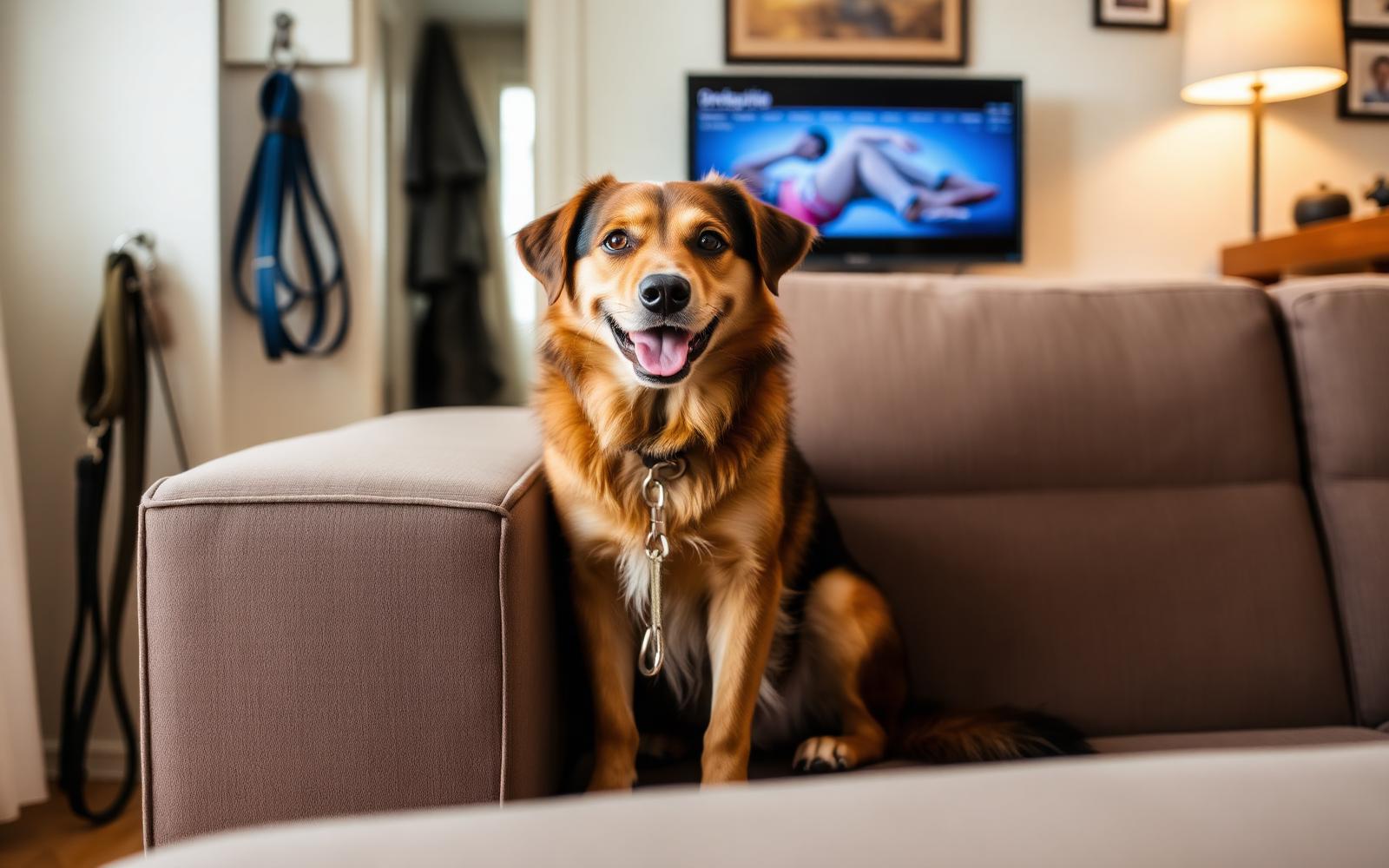 Friendly dog sitting calmly beside a couch in an apartment living room