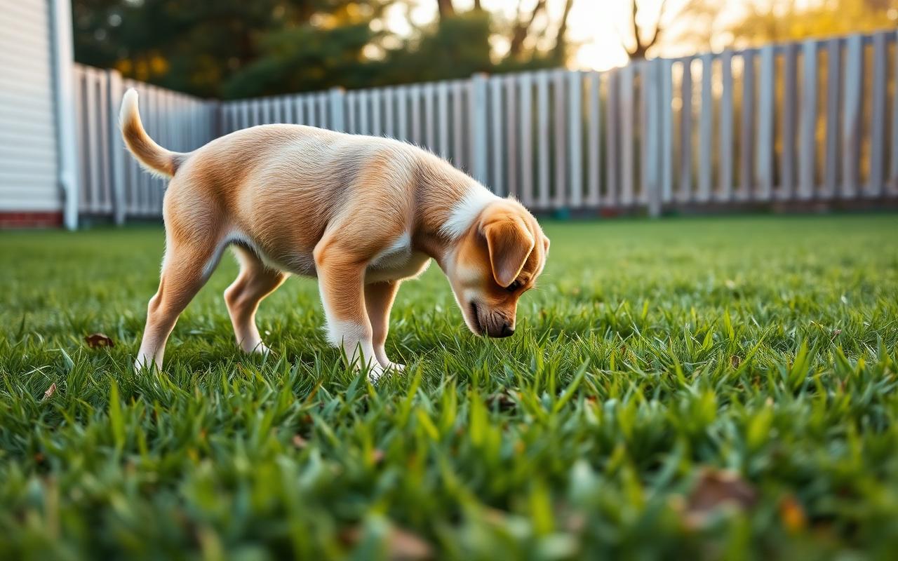 Puppy sniffing grass in a fenced backyard in early morning light