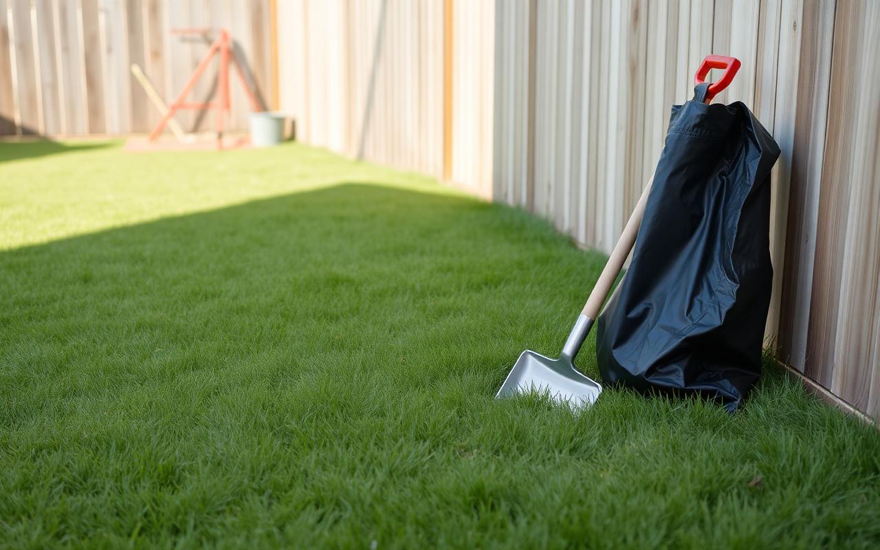 Clean backyard lawn with a scoop and waste bag stored by the fence