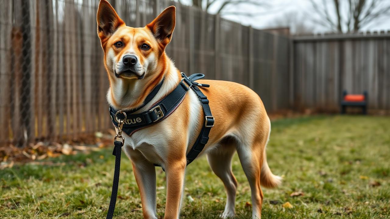 Rescue dog in a well fitted harness attached to a double-clip leash in a secure yard