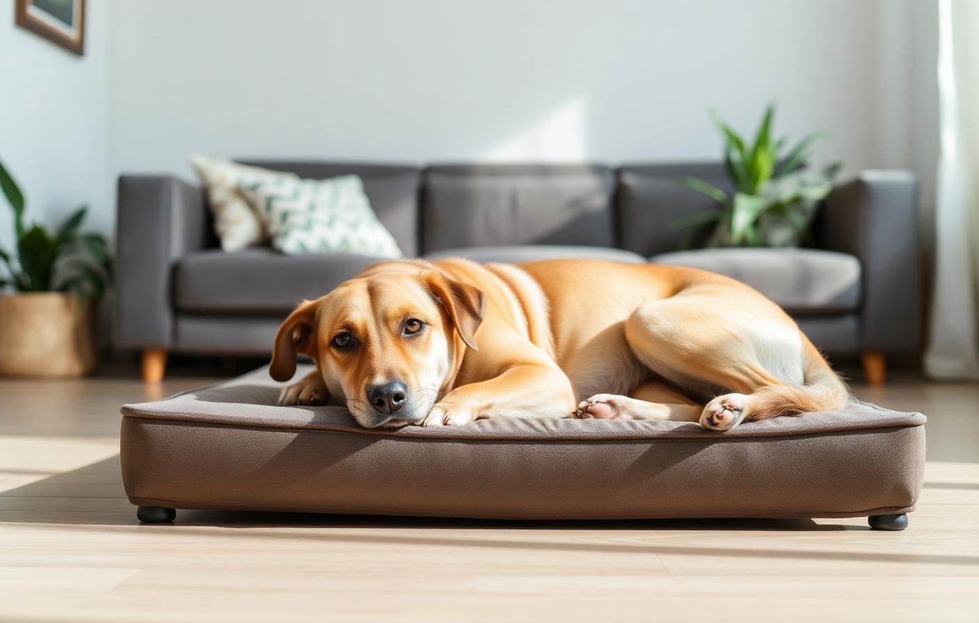 Calm dog lying on a raised bed in a bright living room