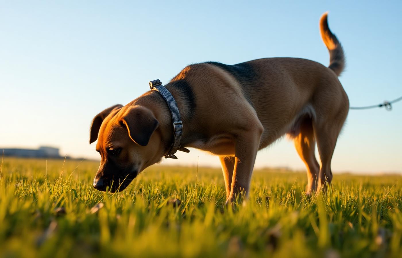 Adolescent dog sniffing grass on a long line during an evening decompression walk