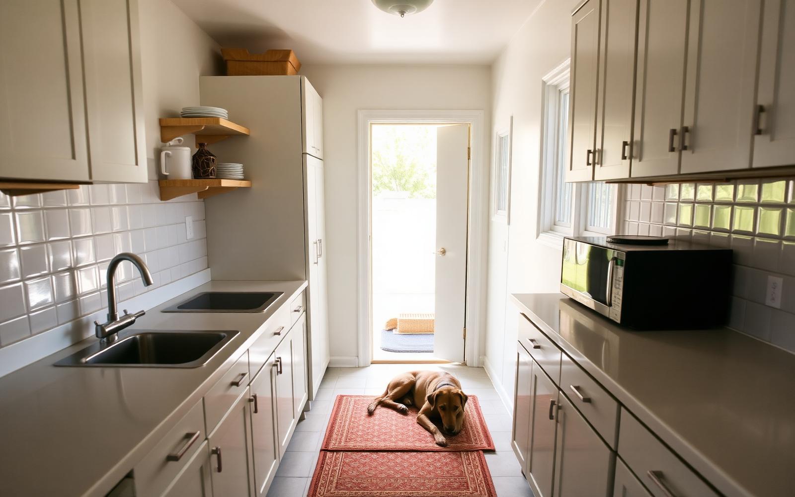 Bright kitchen with completely clear countertops and a dog resting on a mat by the doorway