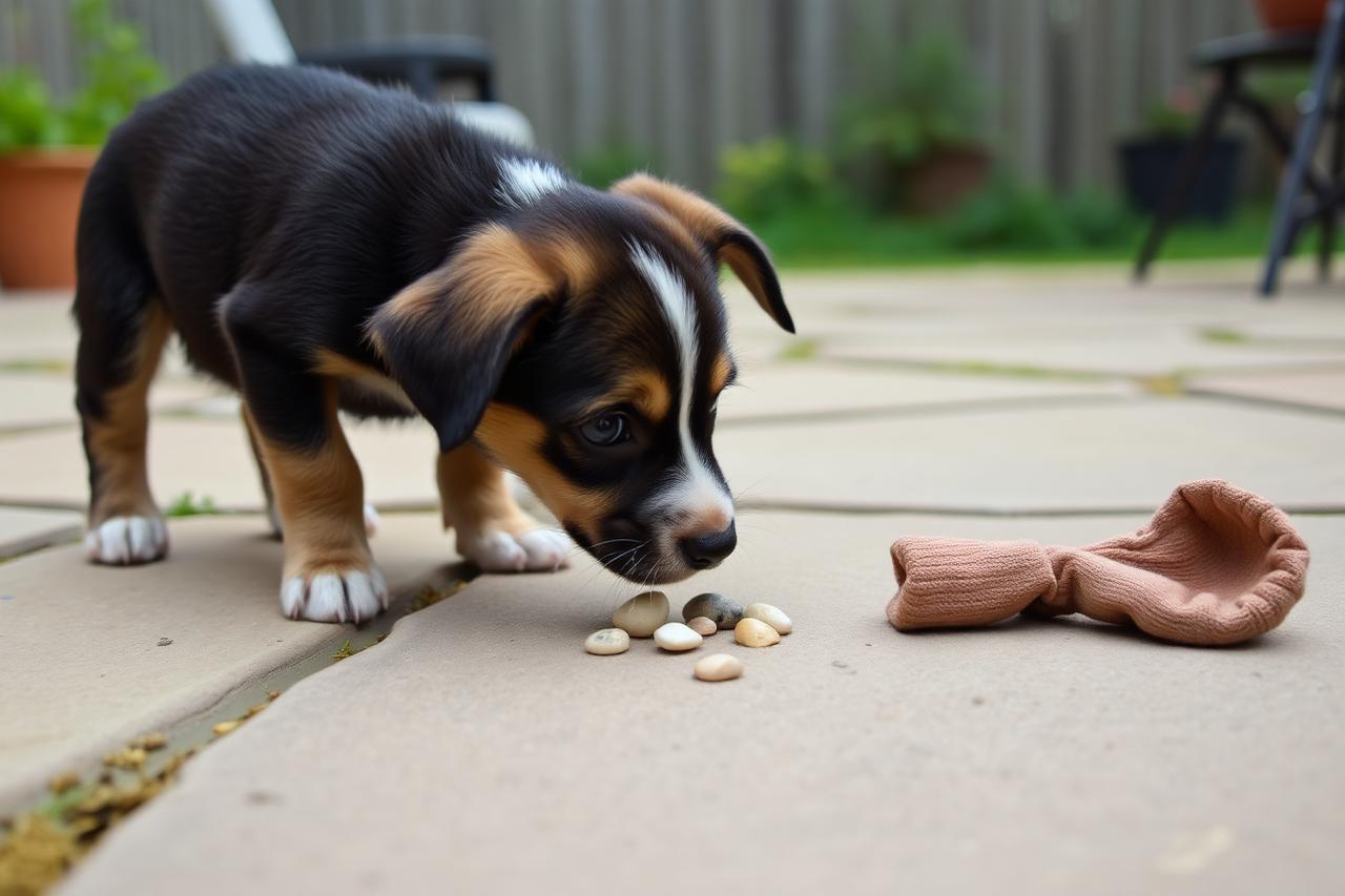Curious puppy sniffing pebbles and a stray sock on a backyard patio