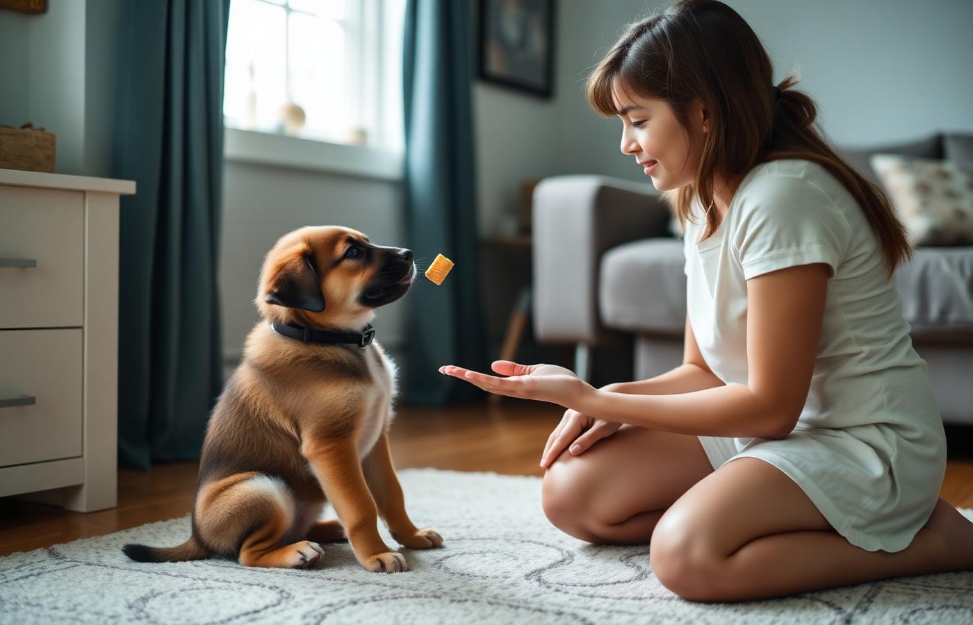 Child offering a treat from a flat palm to a sitting puppy while an adult kneels nearby