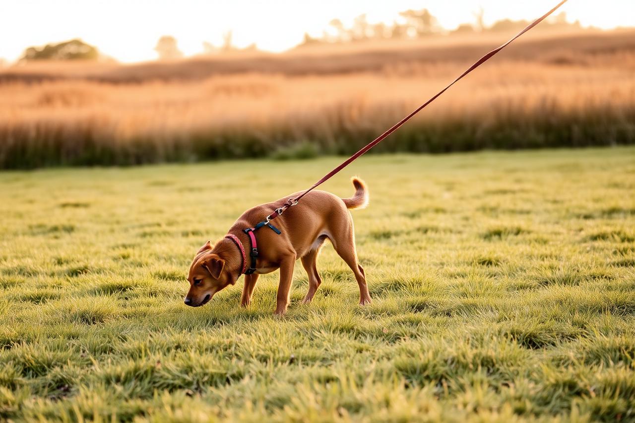 Dog sniffing in a grassy open field at the end of a long training line held by a person