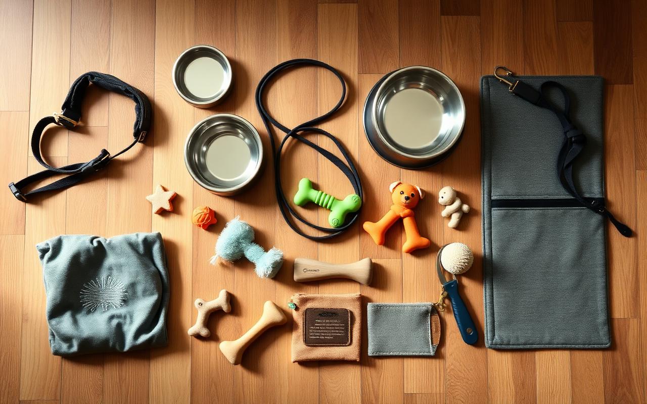 Puppy supplies laid out on a floor including a crate, bowls, leash and chew toys
