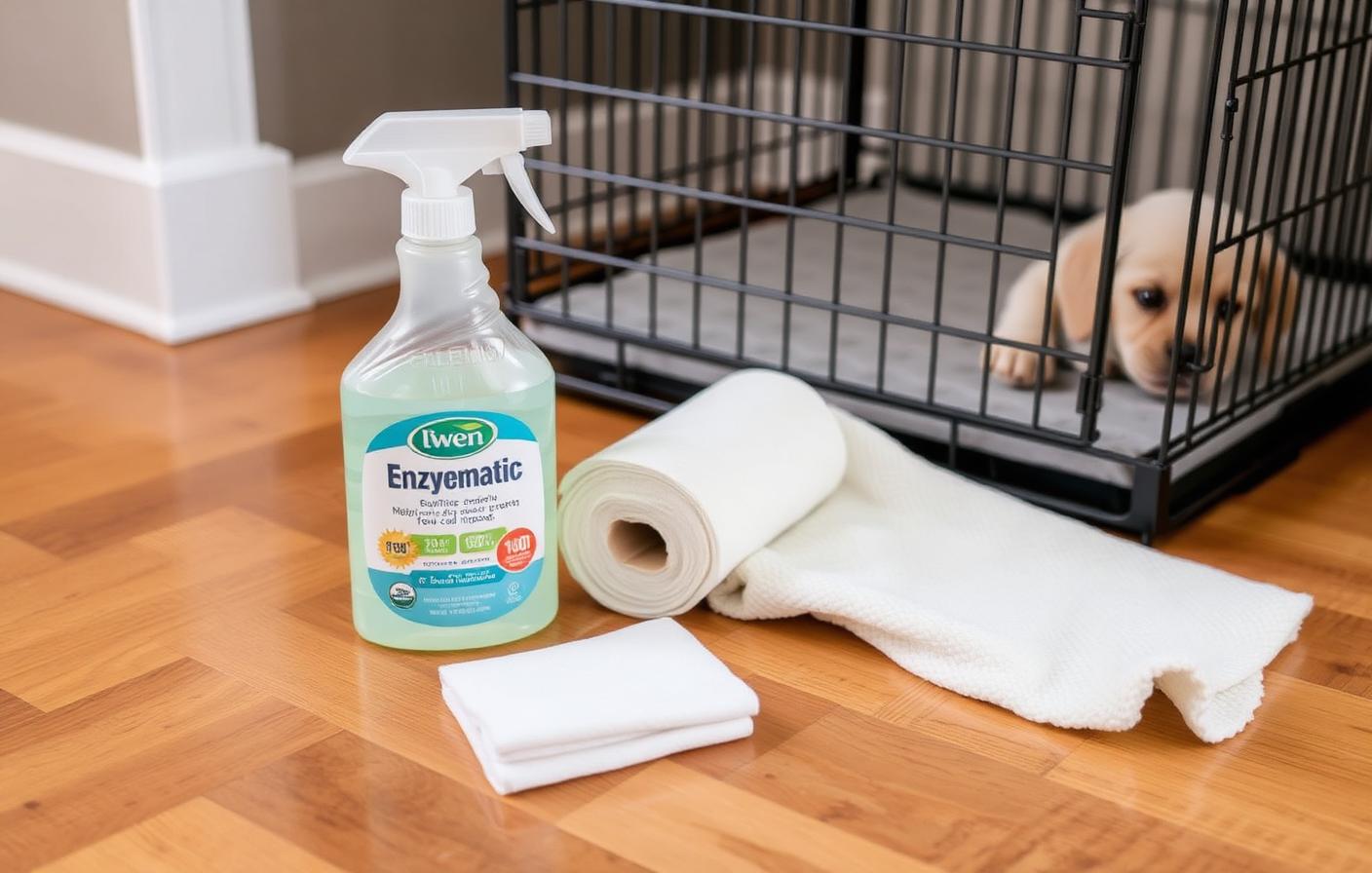 Enzymatic cleaner, paper towels and a cloth beside a puppy crate on a hardwood floor