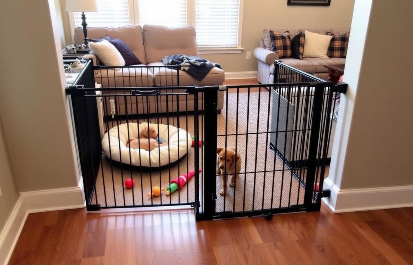Exercise pen and baby gate creating a separate puppy area in a family living room