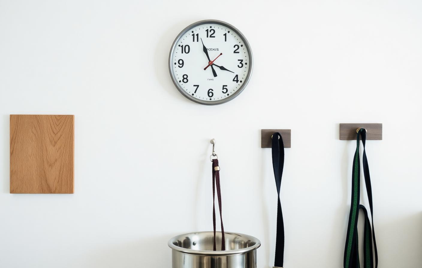Kitchen wall clock above a dog bowl and leashes hanging on hooks