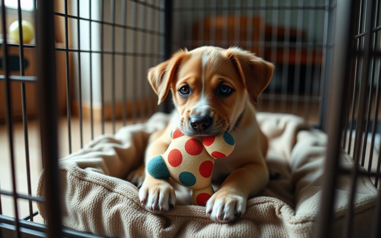 Puppy chewing a stuffed toy inside a cozy pen with a soft bed