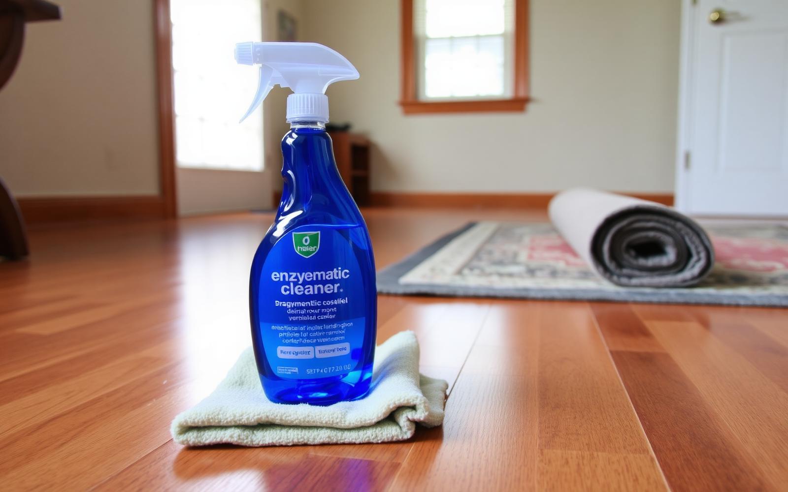 Bottle of enzymatic cleaner and paper towels set on a hard floor being cleaned