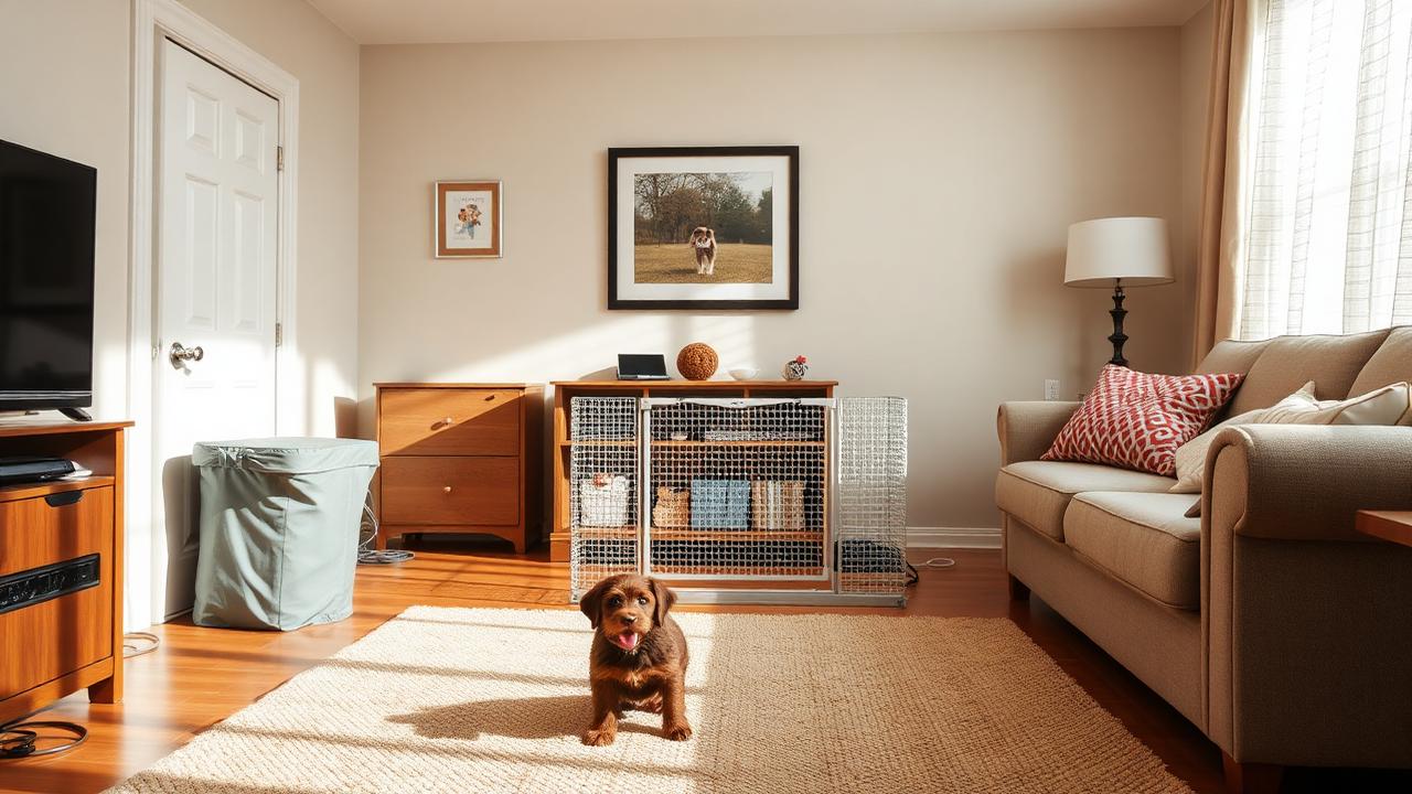 Tidy living room set up for a puppy with a gated area, bed and toy basket