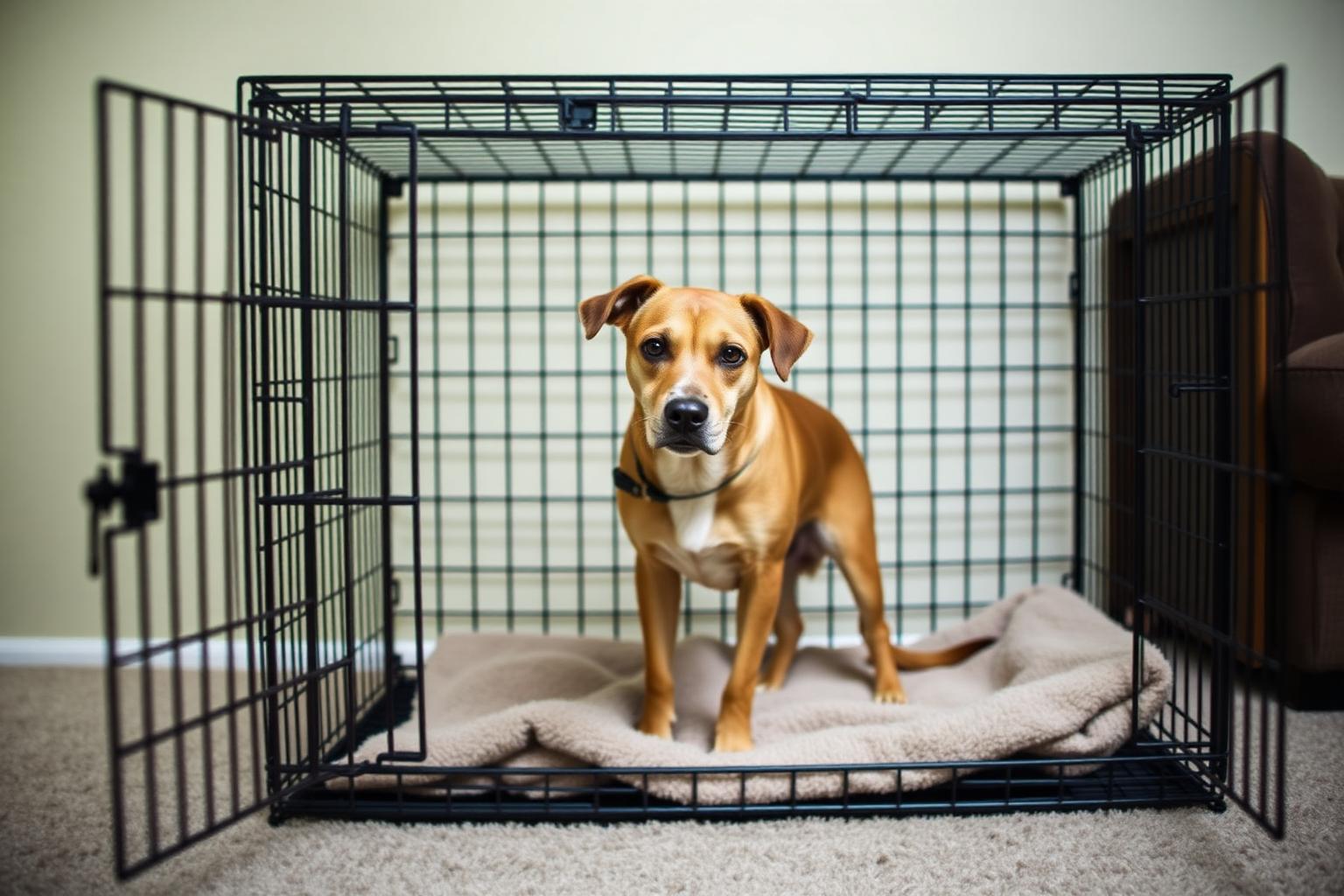 Open crate with a soft bed set up in a quiet corner of a living room