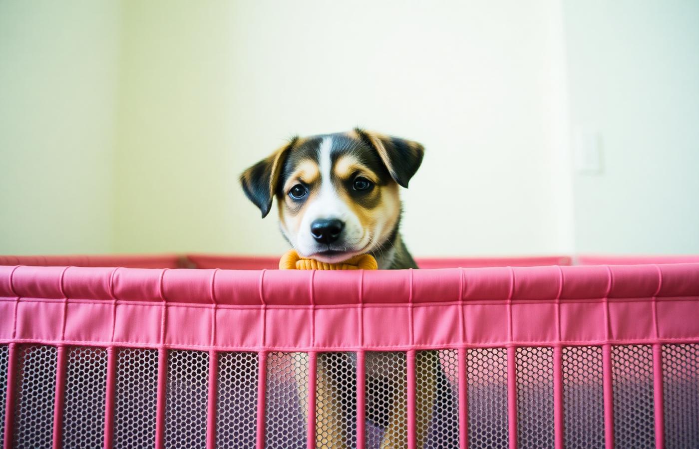 Puppy resting behind a low playpen barrier with a chew in a quiet room