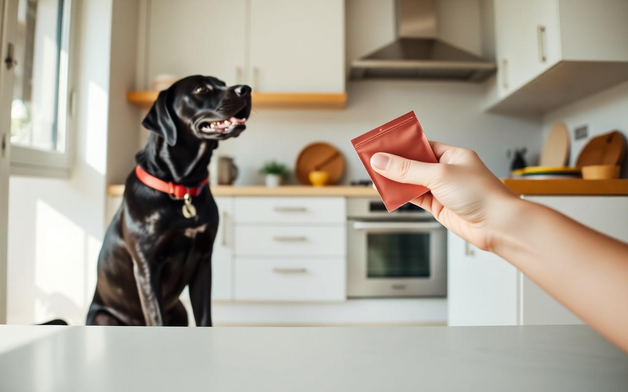 Black labrador offering a sit in a bright kitchen while an owner's hand holds a treat pouch