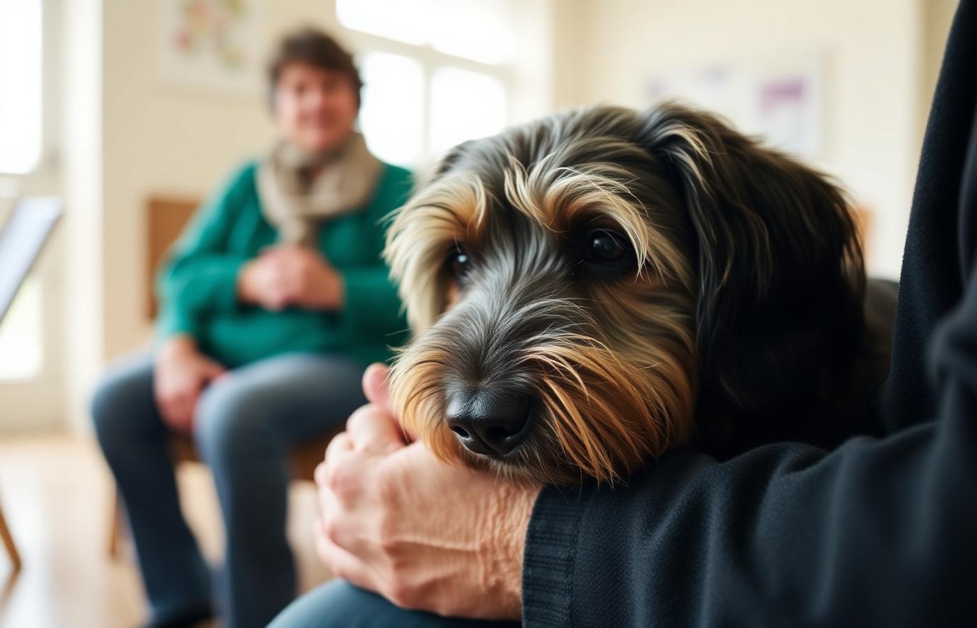Calm dog resting its chin near a seated person's hands in a bright community room