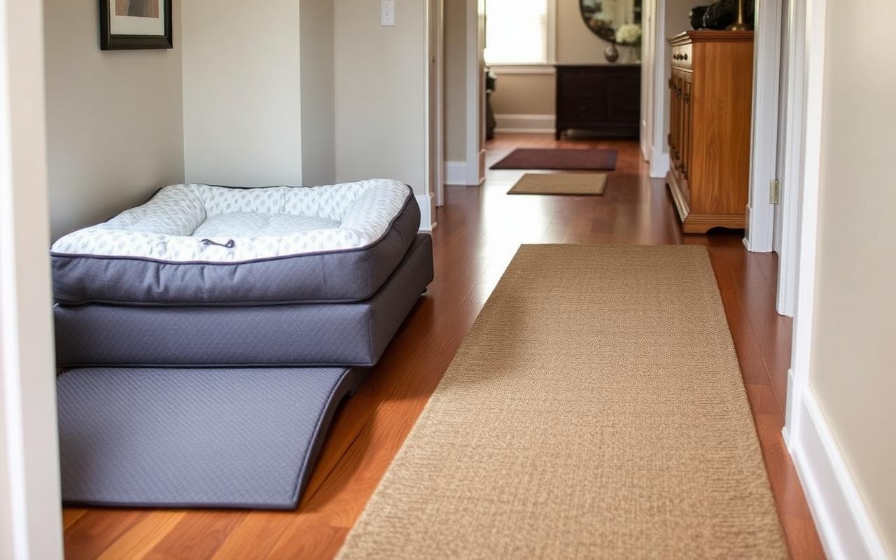 Orthopedic dog bed beside a low ramp and non-slip runner rugs in a home hallway