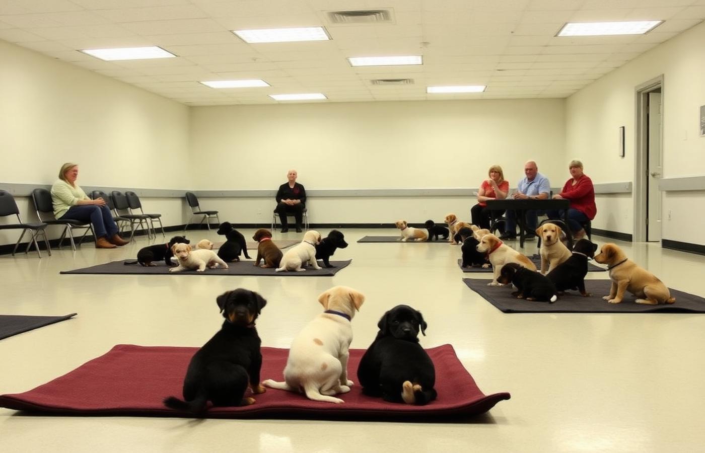 Small group puppy class with puppies working at a distance from each other