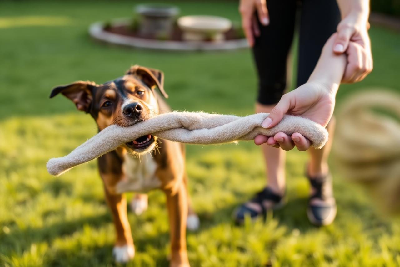 Dog gripping one end of a long fleece tug toy in a backyard