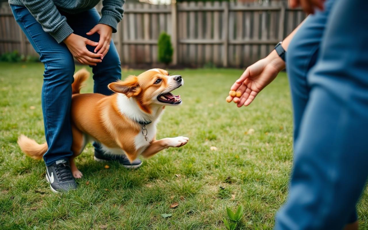 Dog arriving at a person's knees in a fenced yard and taking a handful of treats