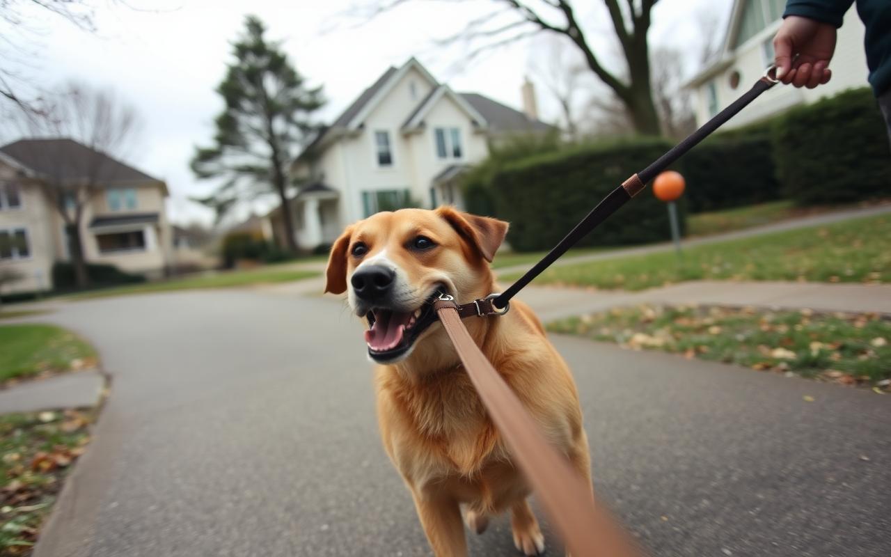 Dog pulling ahead on leash during a neighborhood walk while the owner holds the leash