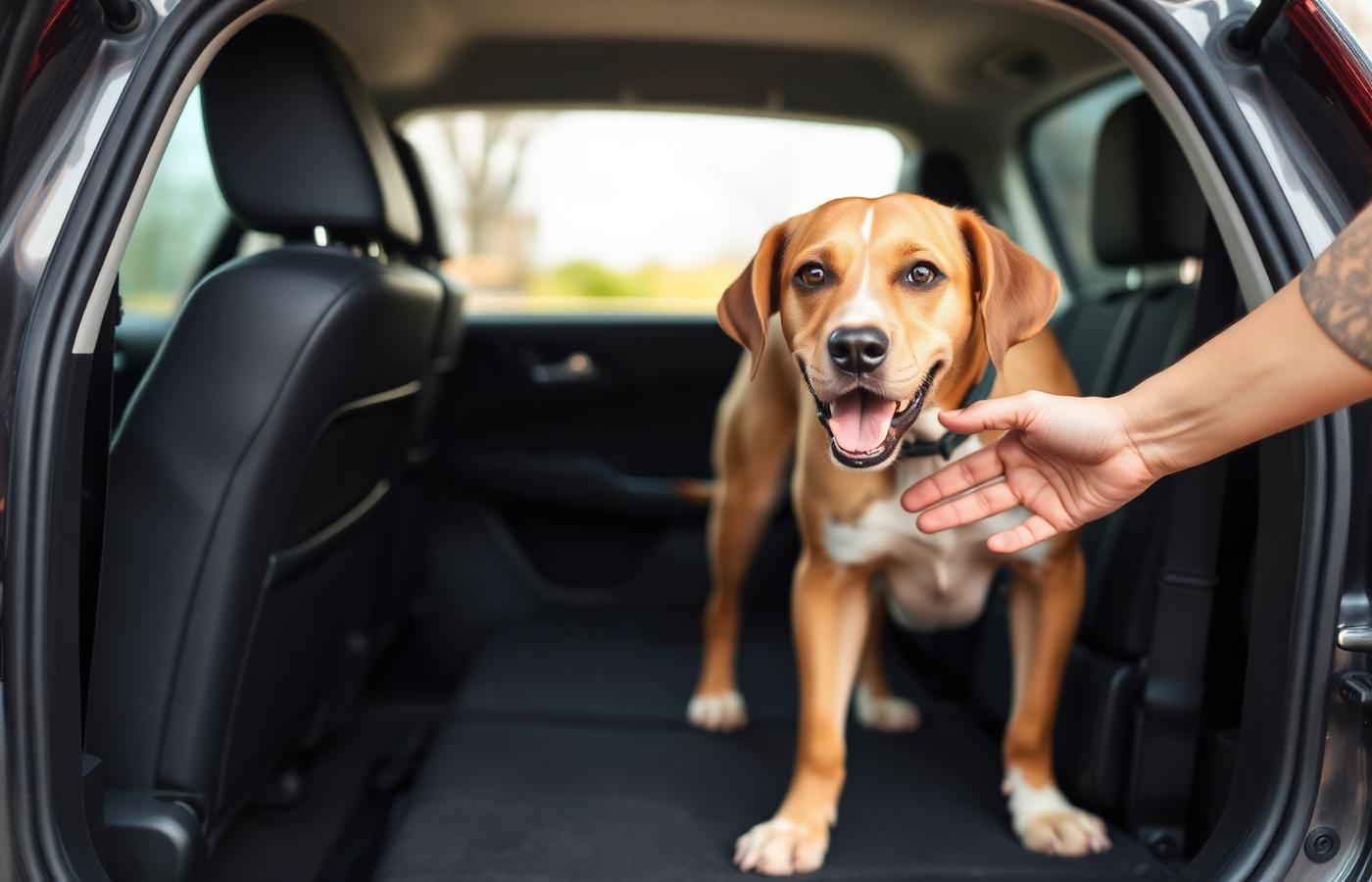 Dog stepping into the back of a car following a hand held as a guide