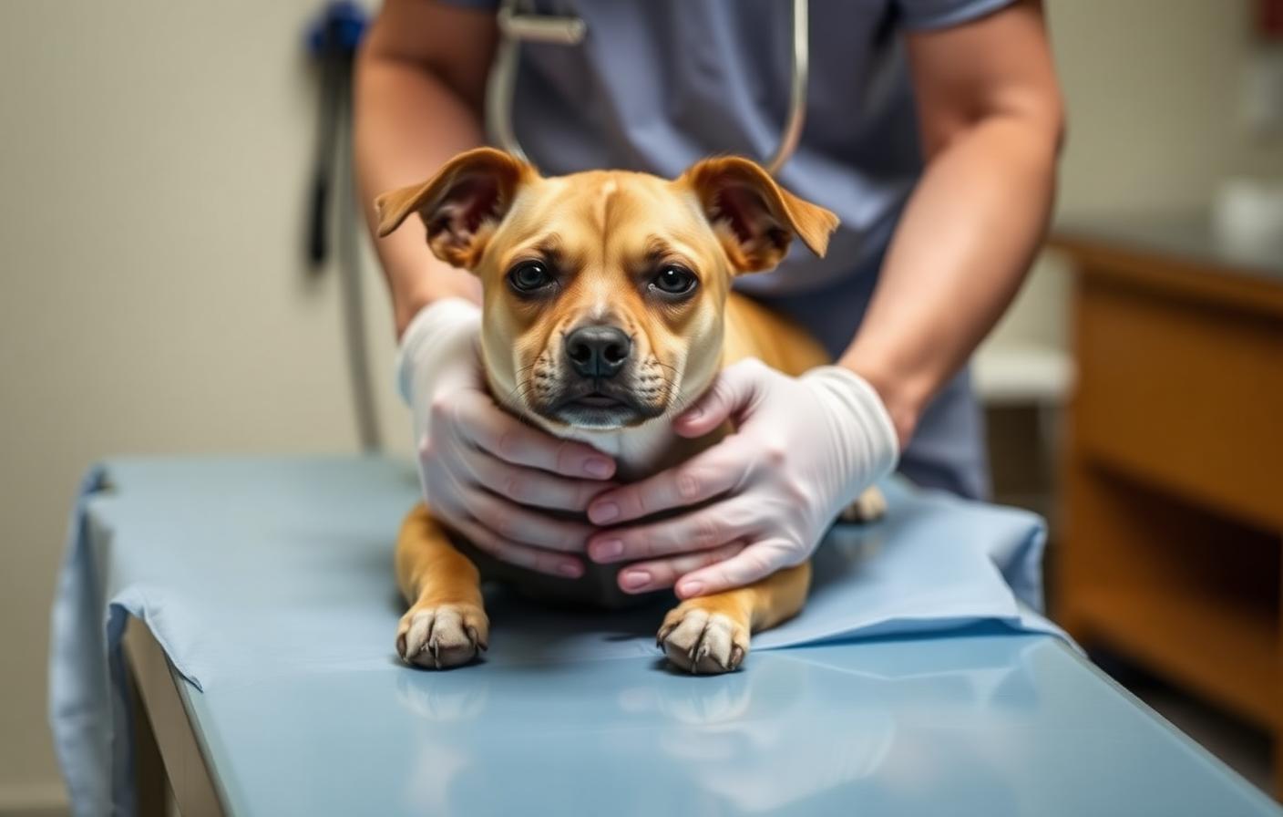 Dog being gently examined on a veterinary clinic table