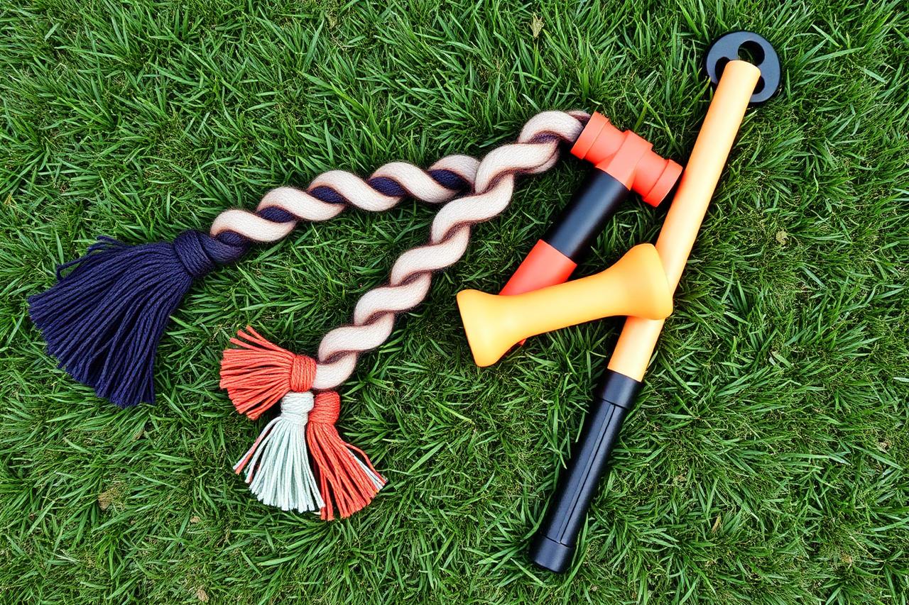 Assorted dog tug toys including a long fleece braid, a rubber handle tug and a flirt pole laid on grass