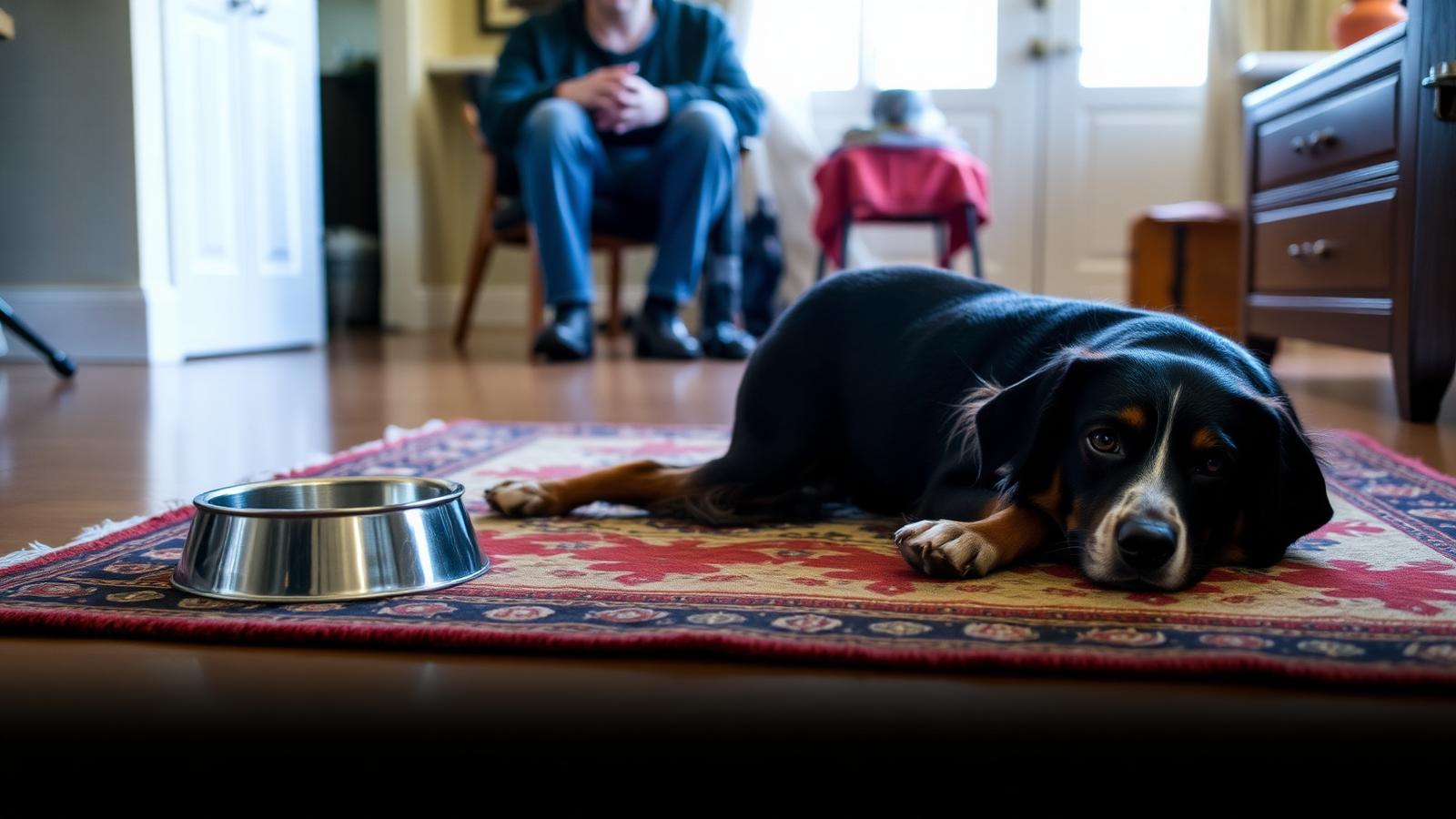 Rescue dog resting calmly on a rug with a food bowl nearby