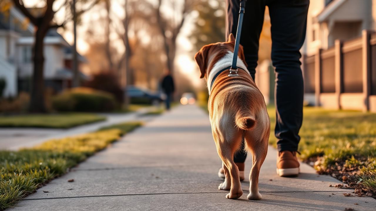 Relaxed dog on a loose leash turning back toward its handler on a quiet sidewalk