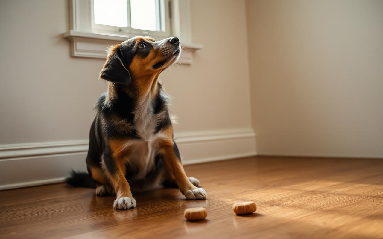 Dog sitting on a wooden floor looking away from treats on the ground