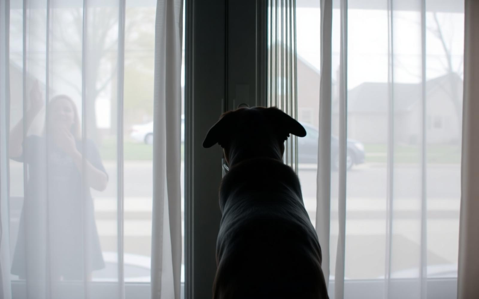 Dog barking at a front window overlooking a residential street