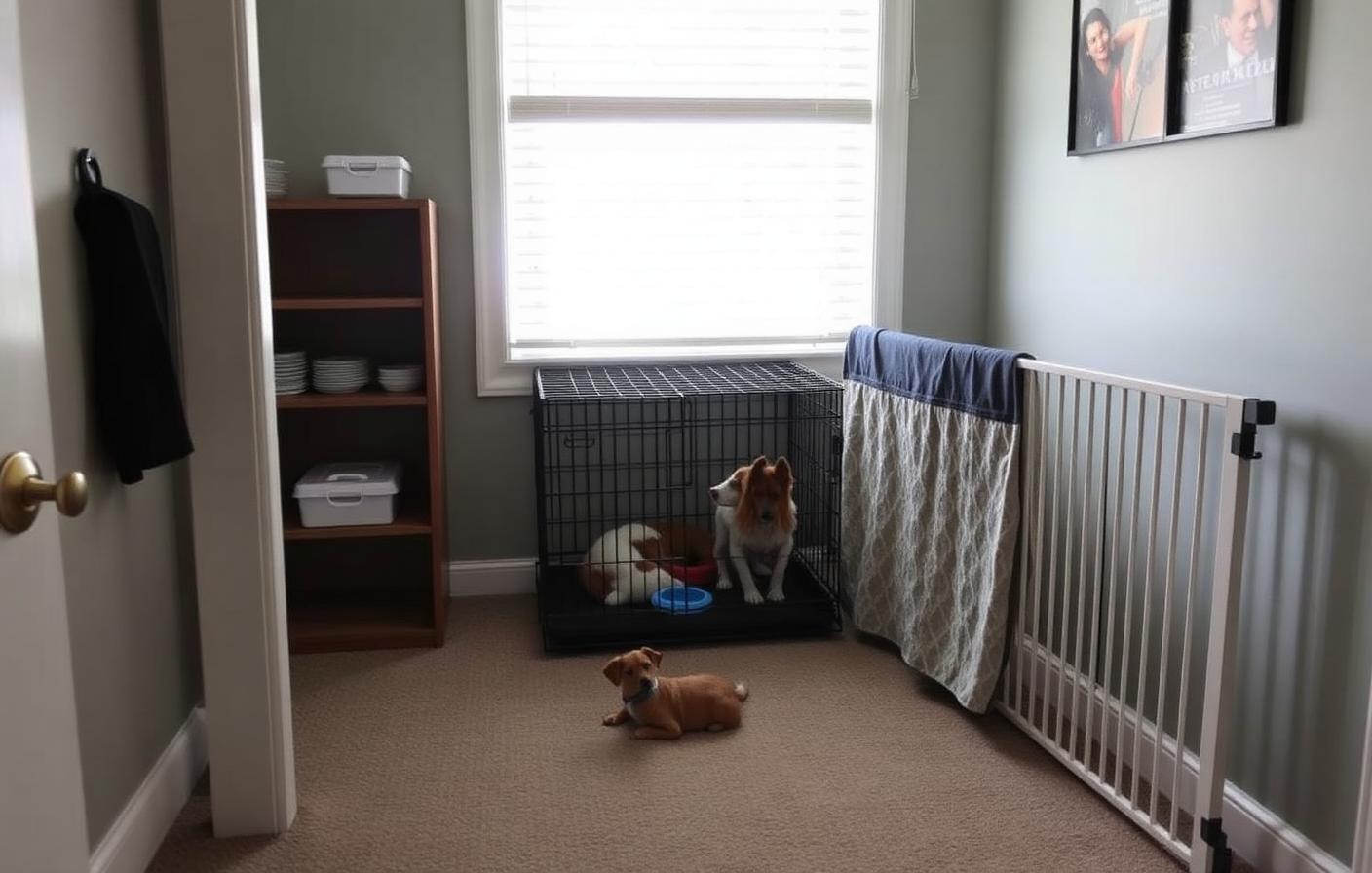 Quiet home corner set up for a new dog with a crate, blanket, water bowl and baby gate