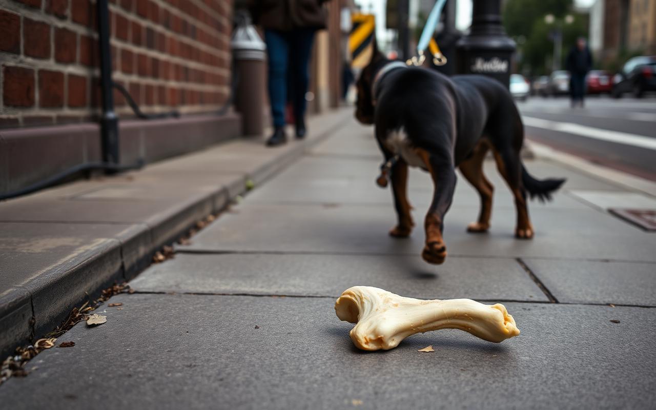 Dog on a leash walking past a discarded bone on a city sidewalk while looking up
