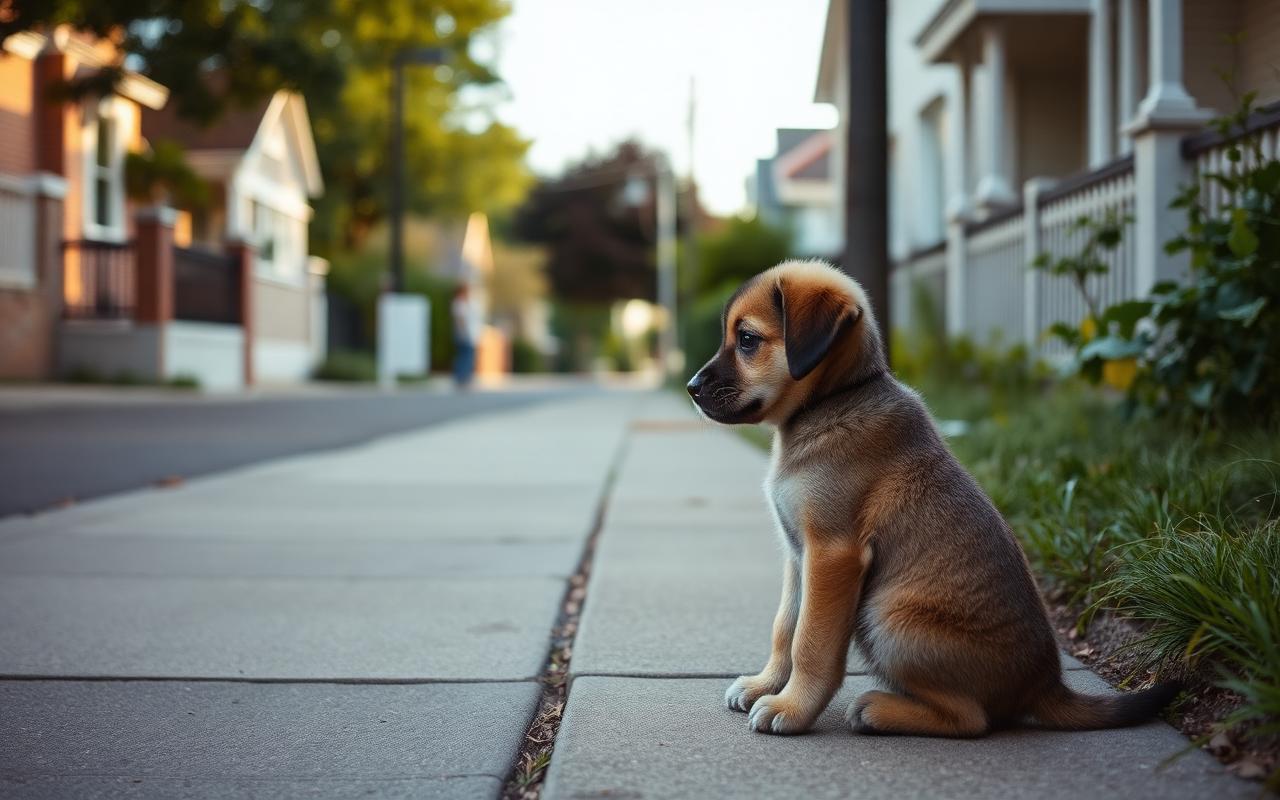 Young puppy sitting calmly on a sidewalk, watching the neighborhood from a safe distance