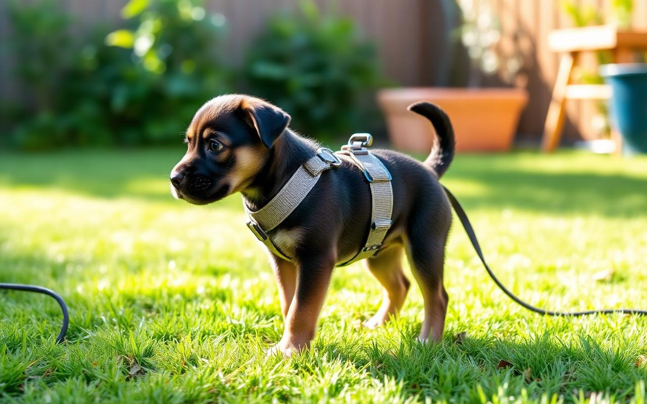 Small puppy in a well-fitted harness with a loose leash trailing on the grass