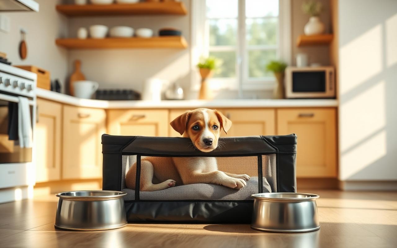 Young puppy resting in a playpen beside water bowls in a sunlit kitchen