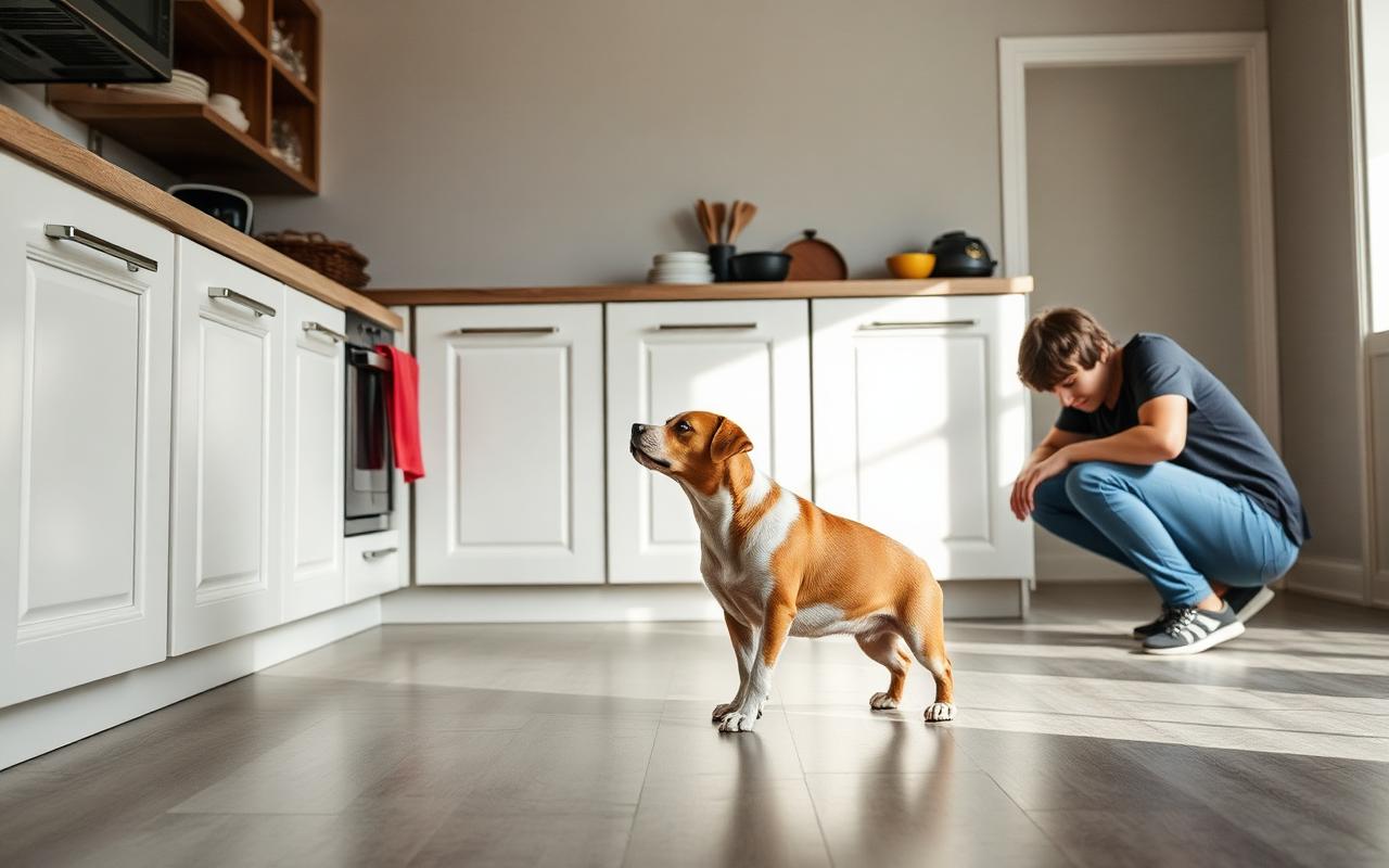 Dog performing the same cue in a hallway of a home