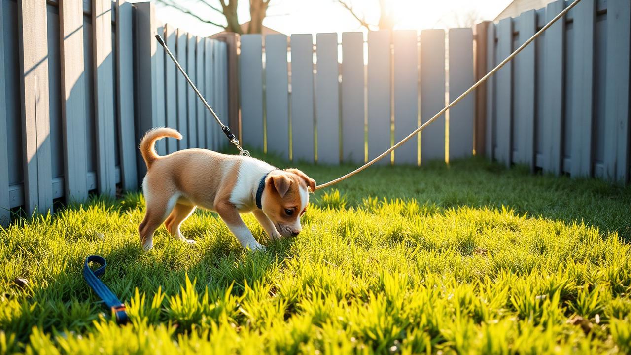 Puppy sniffing grass in a fenced backyard potty area on a light leash