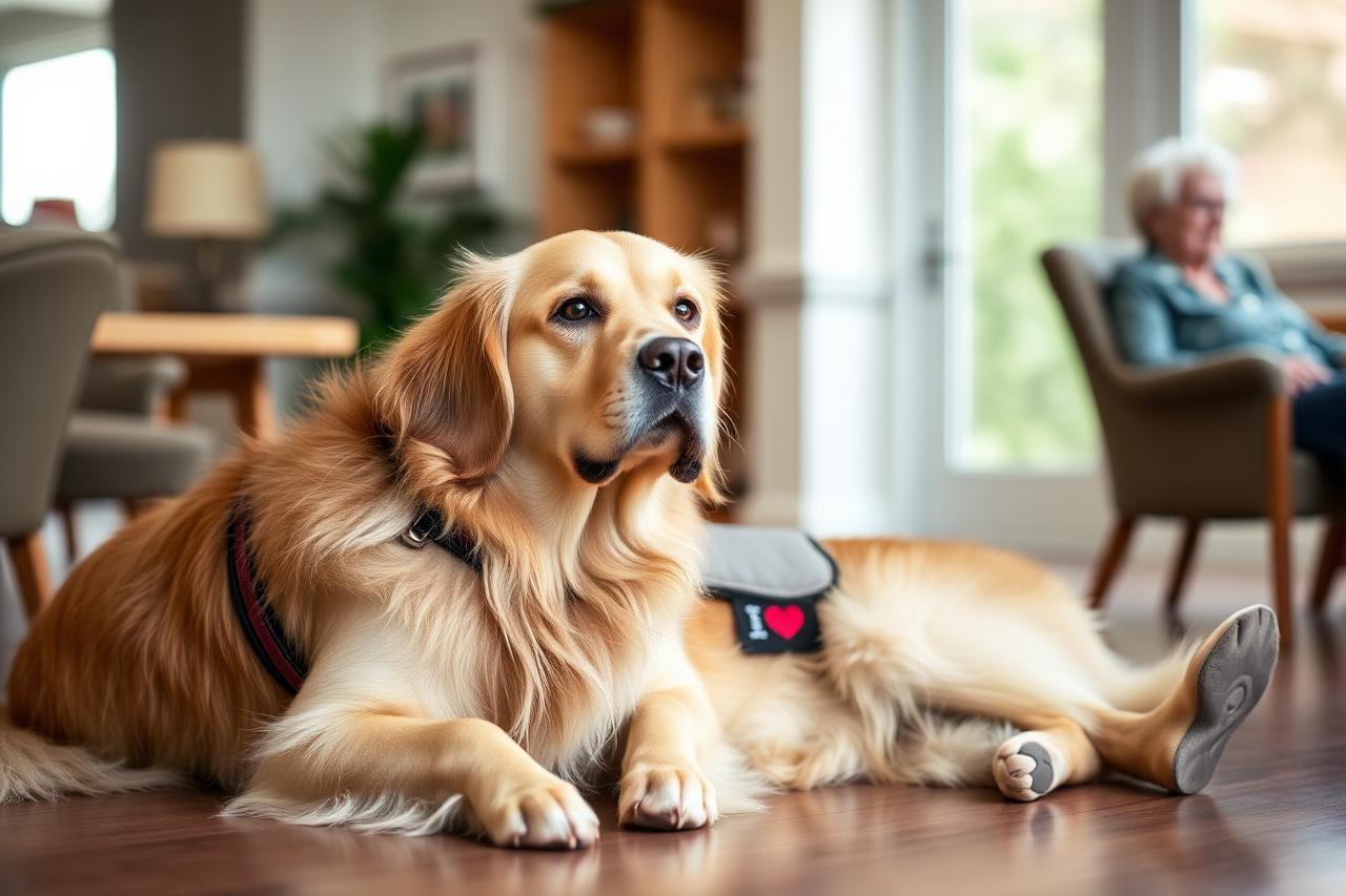 Therapy dog resting calmly beside a seated older adult in a care facility lounge