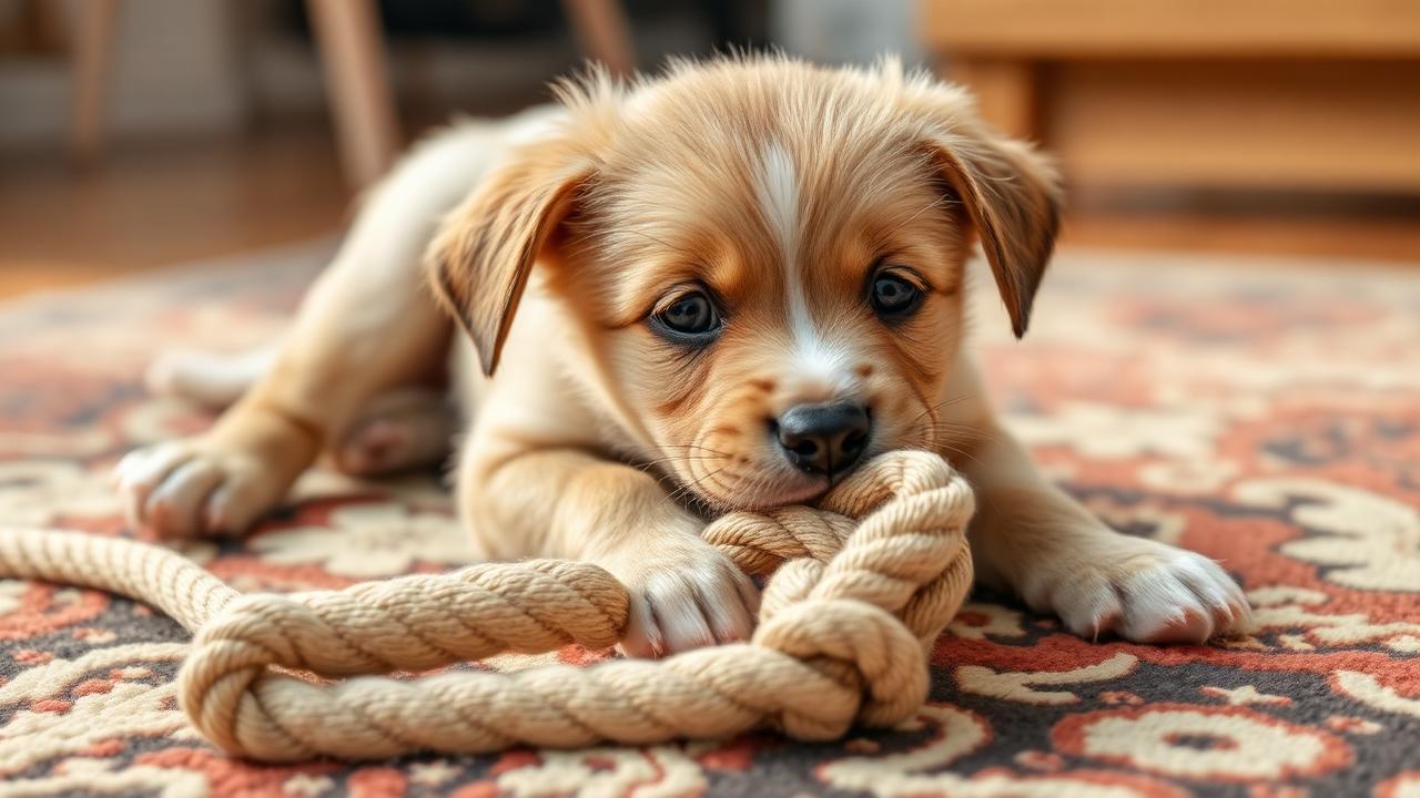 Young puppy mouthing gently on a soft rope toy on a rug
