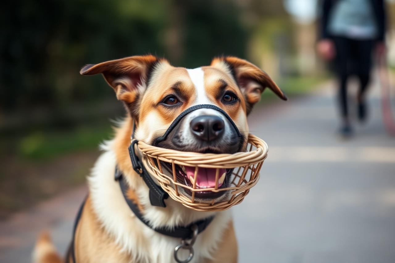 Calm dog wearing a well-fitted basket muzzle outdoors on a walk