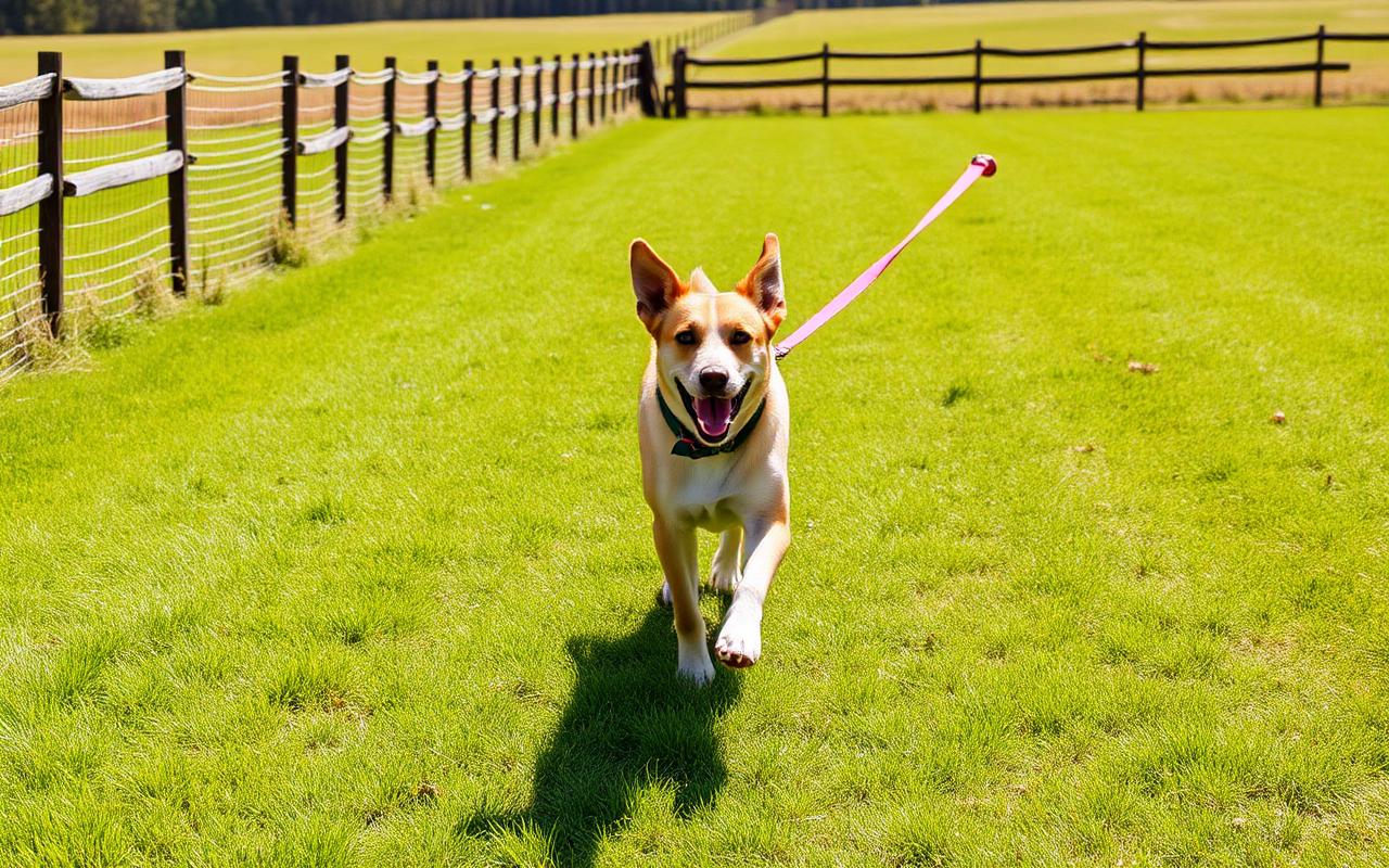 Dog running toward the camera across a fenced grass field with a long line trailing