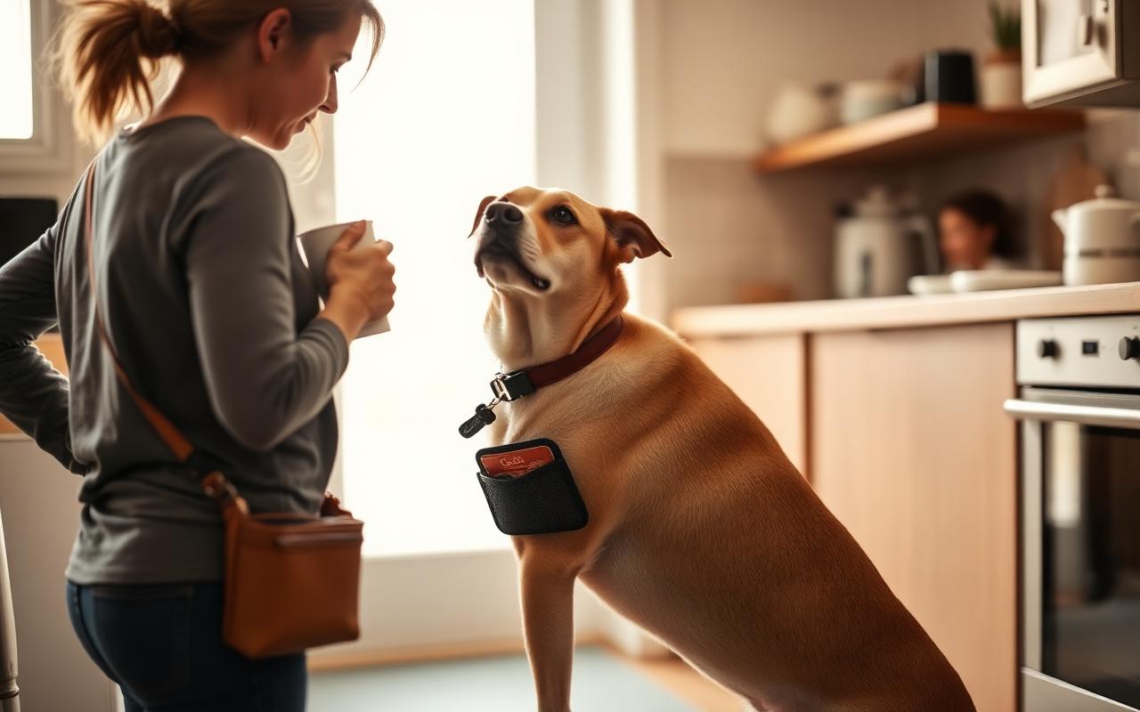 Person doing a short training moment with their dog in a kitchen