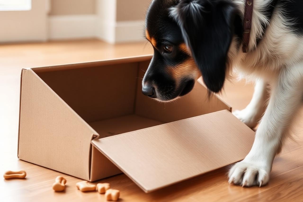 Dog nudging a cardboard box lid with its nose during a shaping session