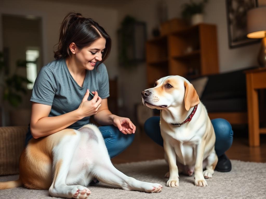 Trainer coaching an owner and adult dog in person