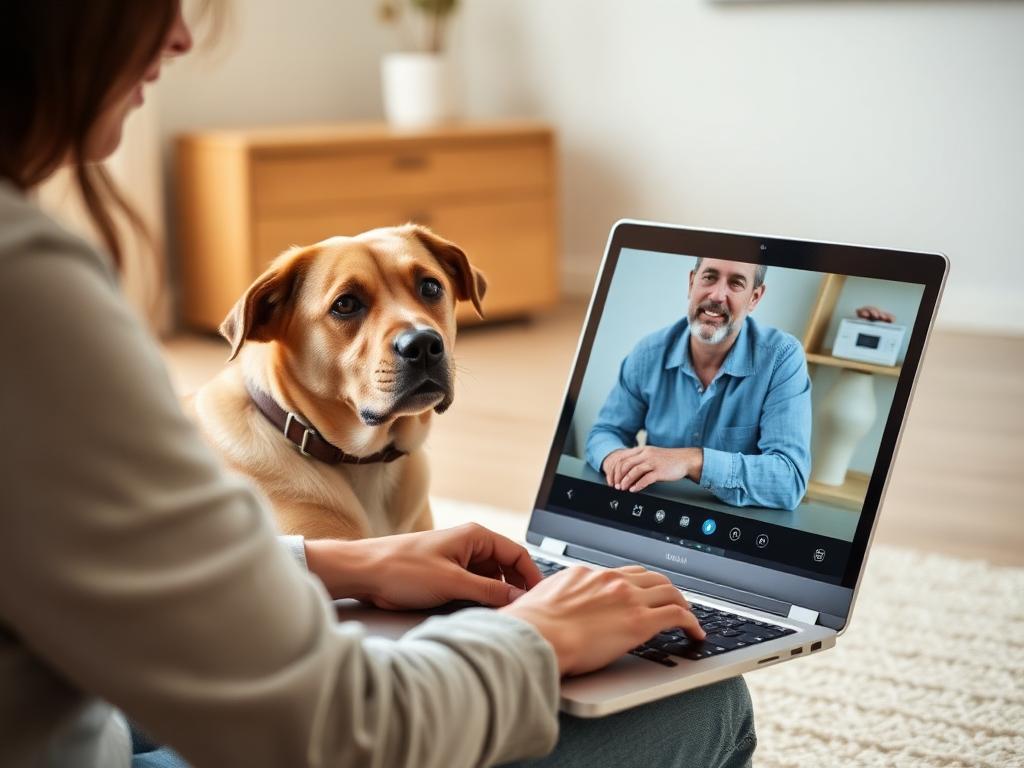 Owner and adult dog on a virtual Google Meet consult
